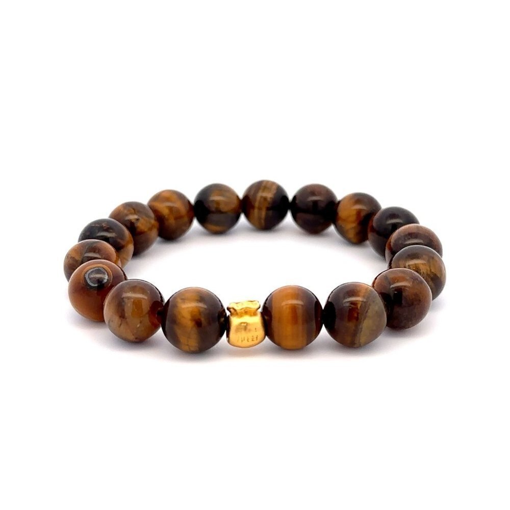 24K Gold Money Bag Lucky Charm Bracelet Gemstones Tiger Eye Brown 10mm